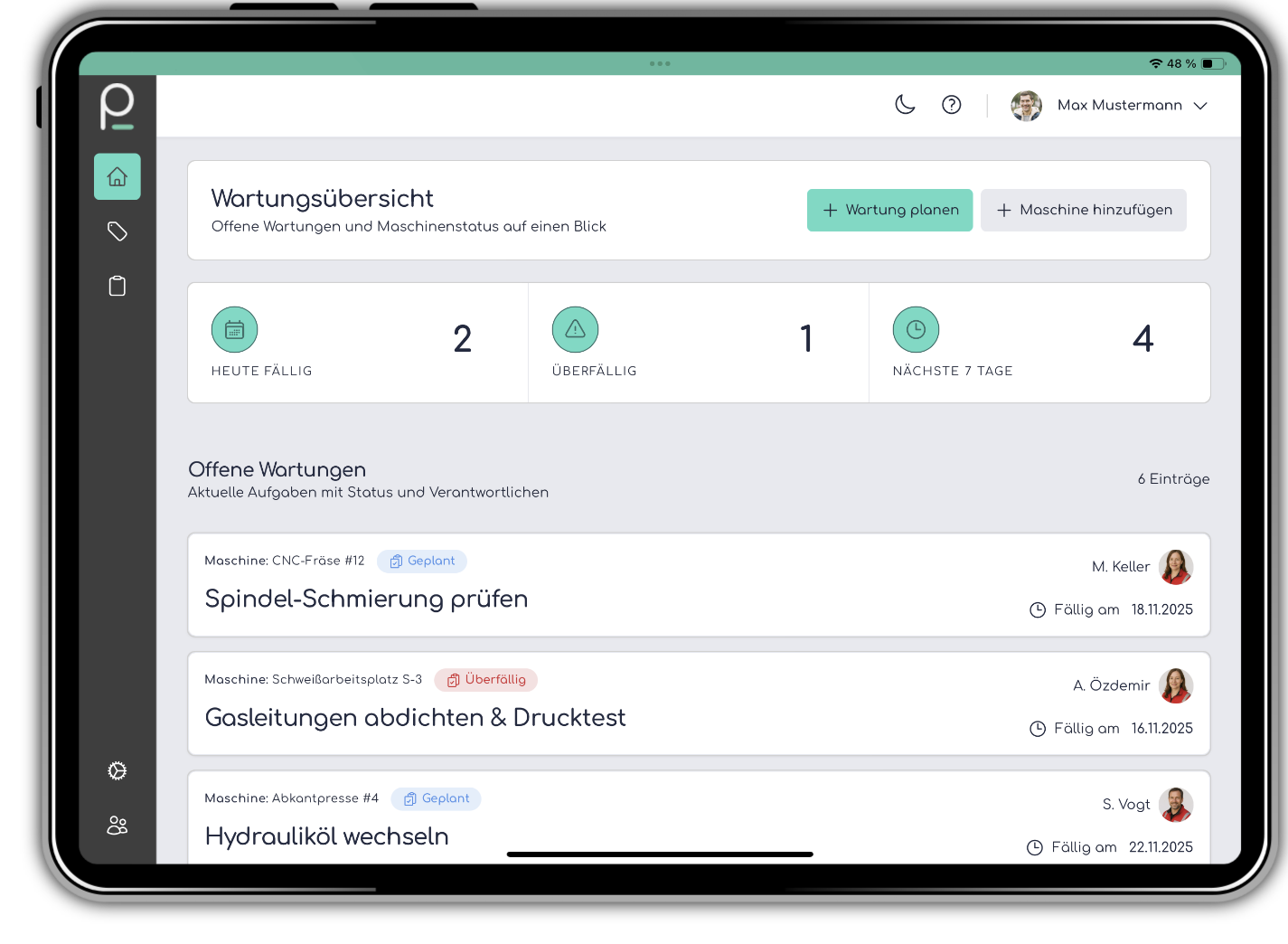 Mockup der digitalen Wartungssoftware von pancoda mit Dashboard-Ansicht auf einem Tablet