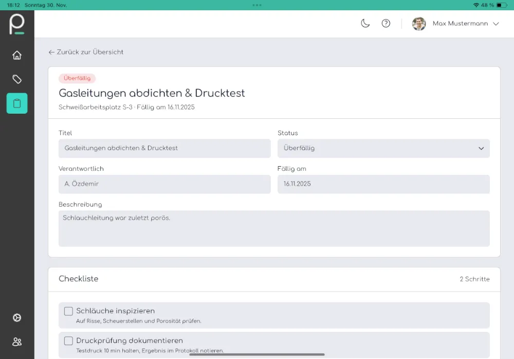 Screenshot eines Wartungs-Tasks mit Checkliste, Kommentaren und Statusanzeige in der Demo