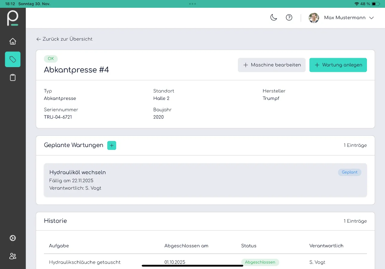 Detailansicht einer Maschine mit Stammdaten, Aufgaben und Historie in der digitalen Wartungssoftware