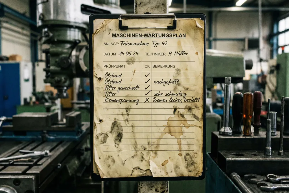 Symbolbild für analoge, verstreute Wartungsorganisation mit Notizen und Ordnerstapeln