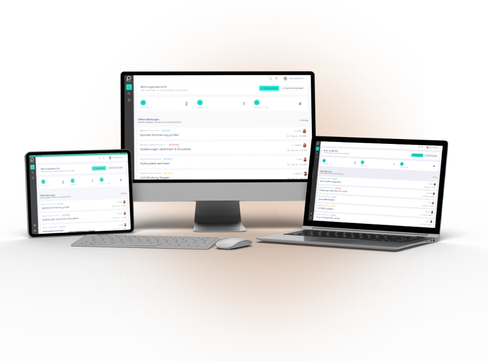 Illustration einer durchgängigen Prozesskette zwischen Maschinenübersicht, Aufgabenliste und Checkliste